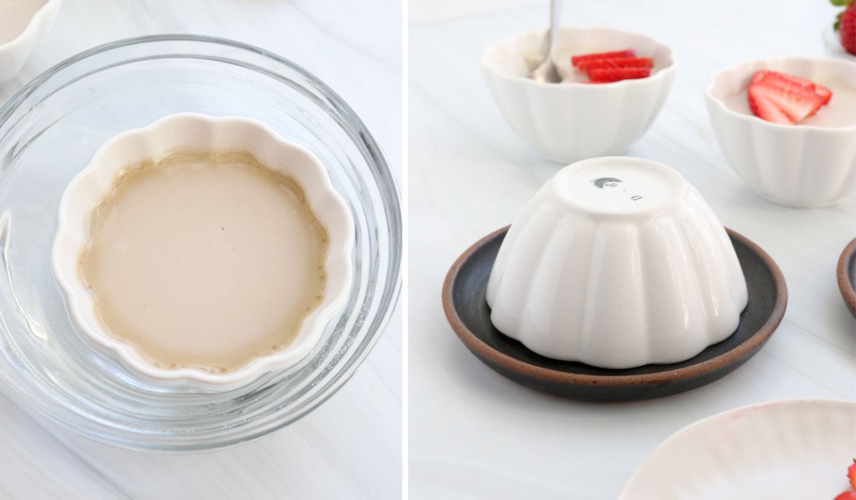 showing how to release panna cotta from bowls.
