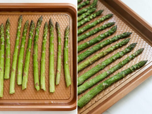 asparagus on the pan before and after cooking.