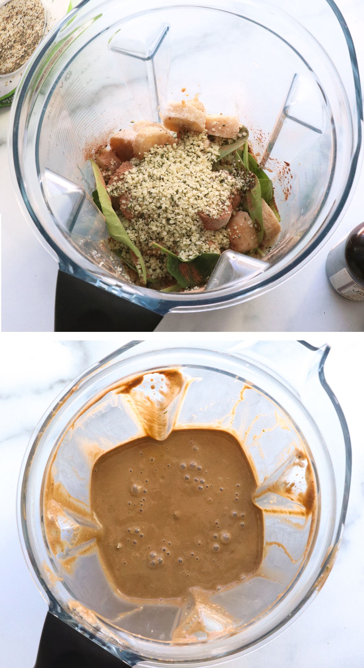 hemp hearts, spinach and frozen banana blended together in a pitcher.