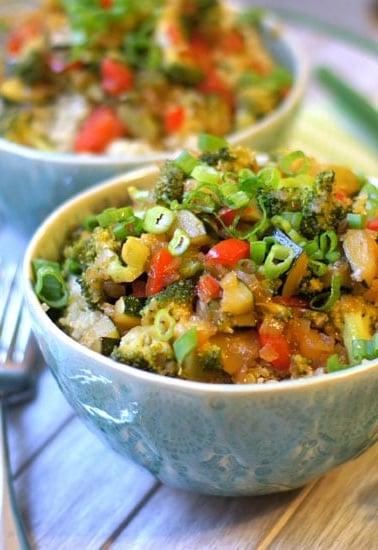 Quinoa and vegetable teriyaki bowl with forks