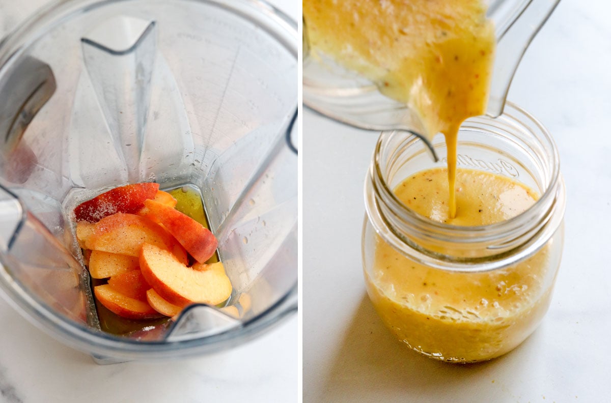 peach dressing poured from blender into jar