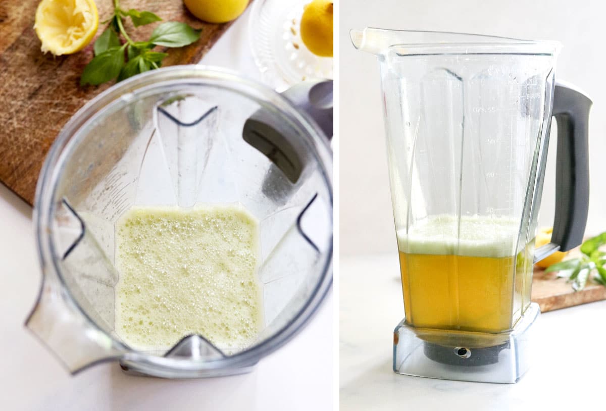 blended lemonade in blender pitcher