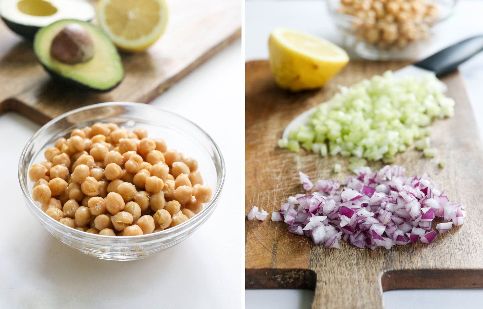 chickpeas red onion and celery on cutting board
