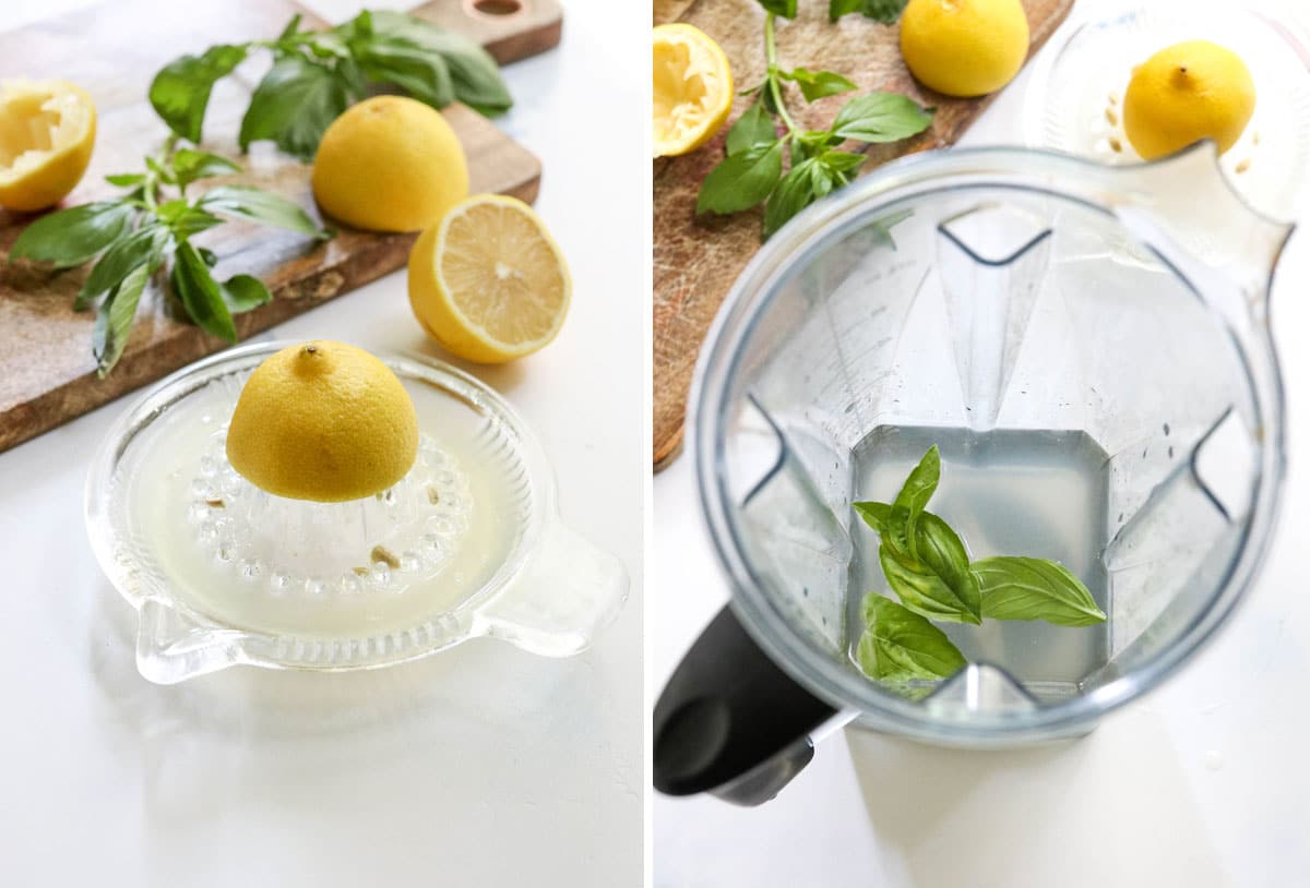 lemons and basil in blender