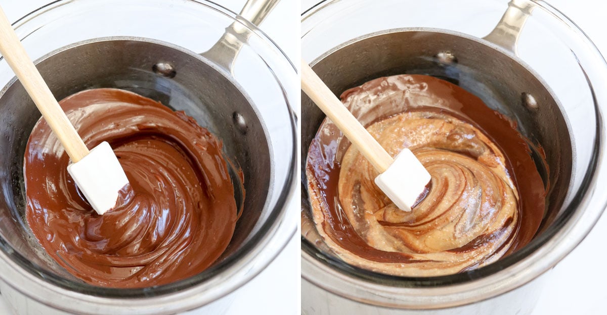 chocolate melted in double boiler with peanut butter added in