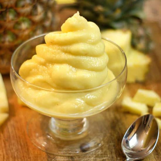 pineapple whip in a glass dish