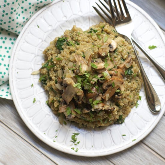 mushroom and spinach quinoa risotto on a plate