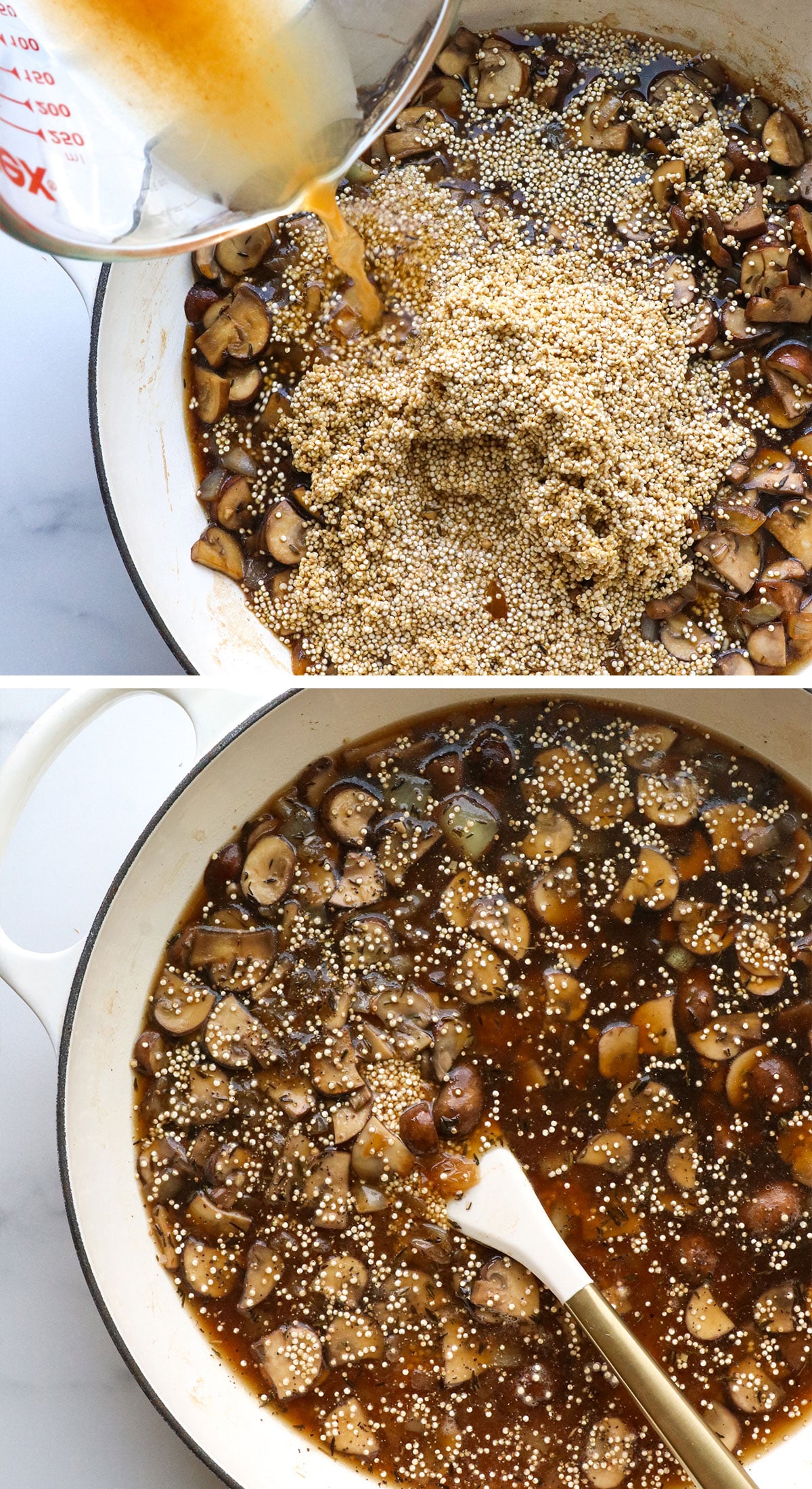 broth added to quinoa and mushrooms in pan.