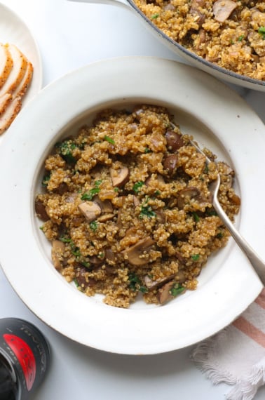 mushroom quinoa recipe in a white bowl.