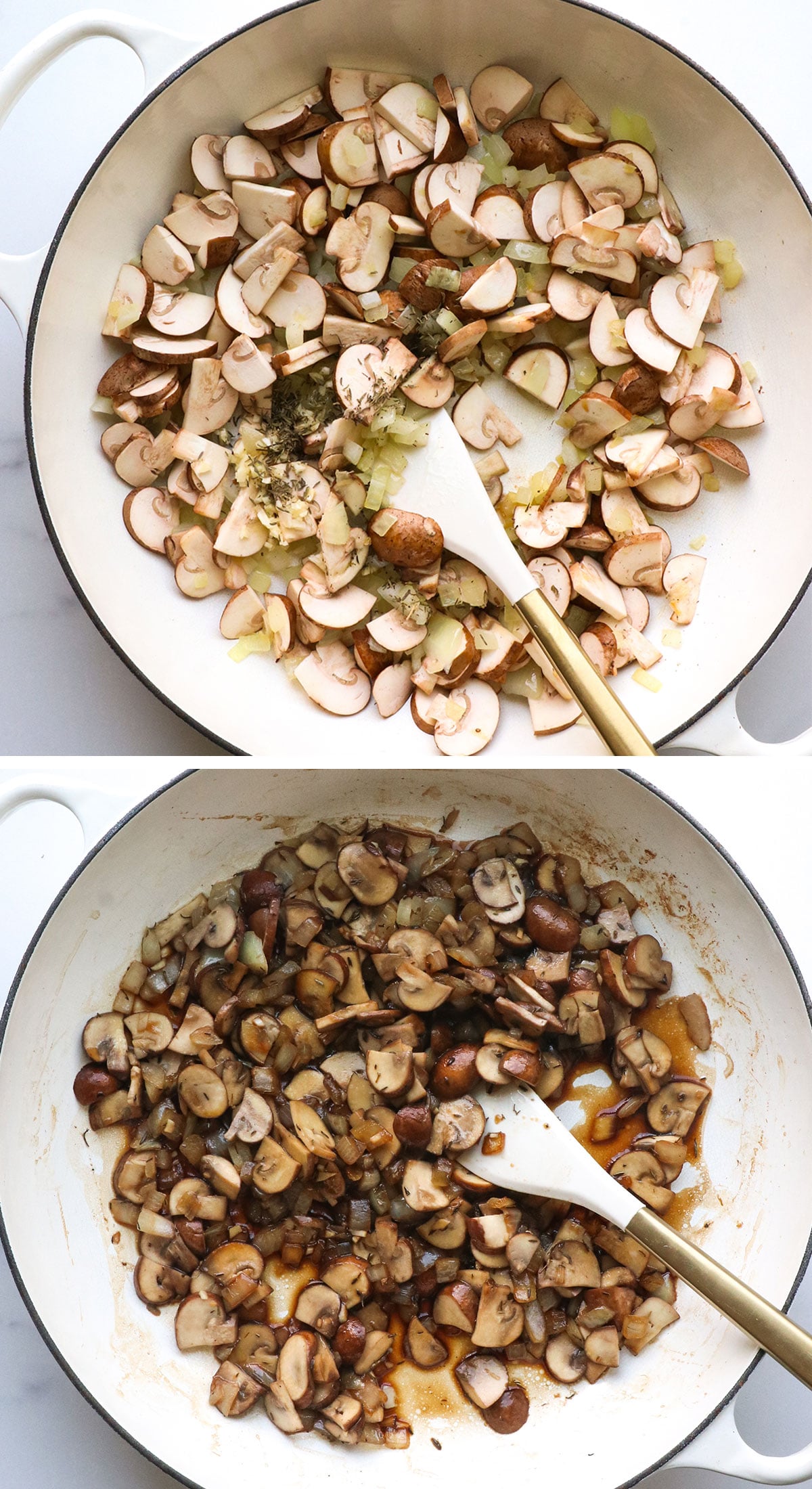 mushrooms sauteed with tamari and thyme in a pan.