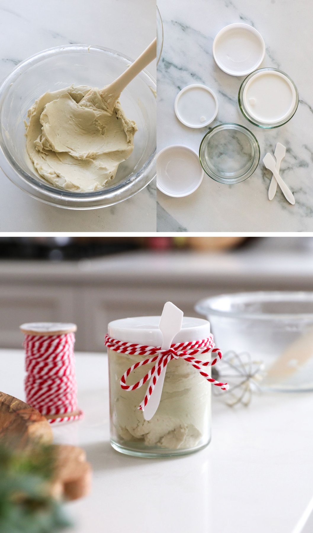 shea body butter in bowl and transferred to a glass jar with a lid.