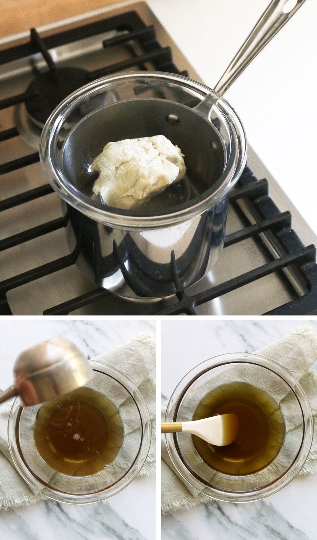 melting shea butter in a glass bowl over a double boiler and adding oil to it.