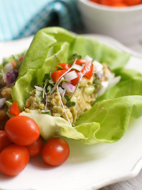 chickpea avocado egg salad in a lettuce wrap