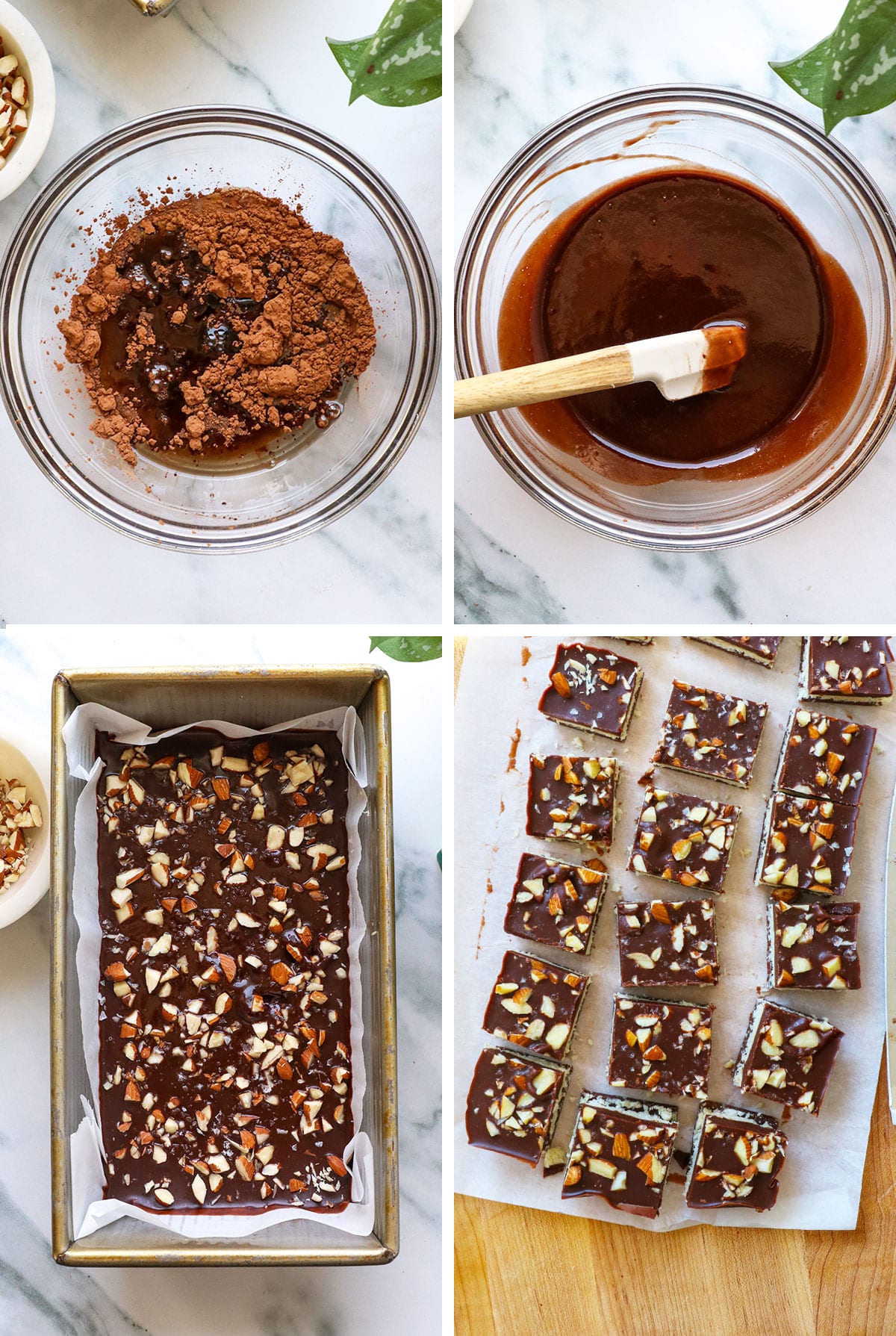 chocolate layer and almonds added to the loaf pan and then sliced after it's chilled.