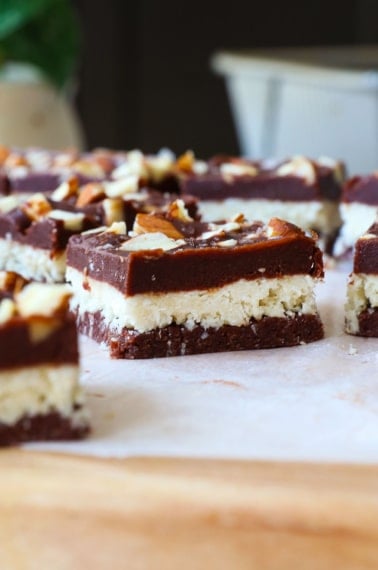 almond joy bar close up on a cutting board.