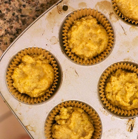 banana snack muffin mix in muffin tin