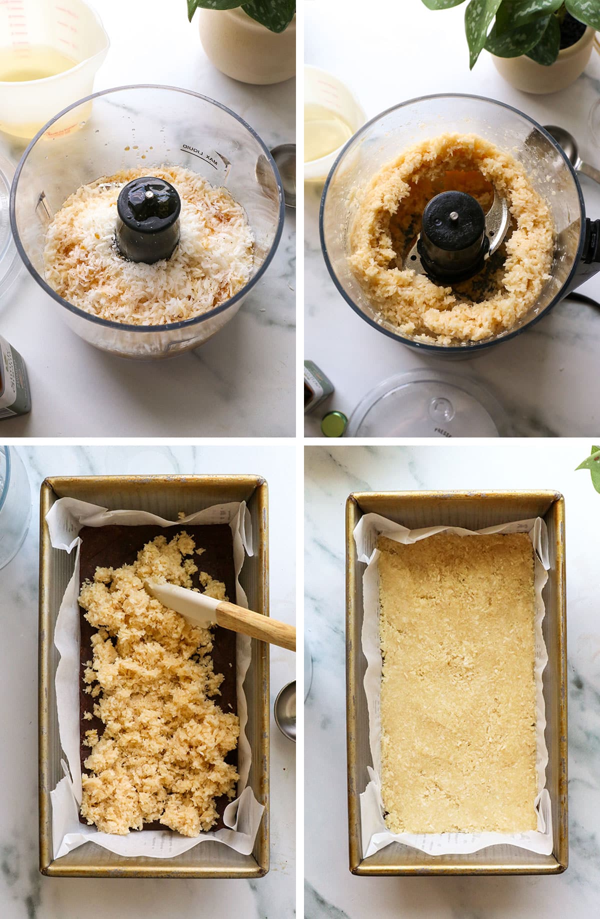 coconut layer mixed in a mini food processor and pressed into a loaf pan.