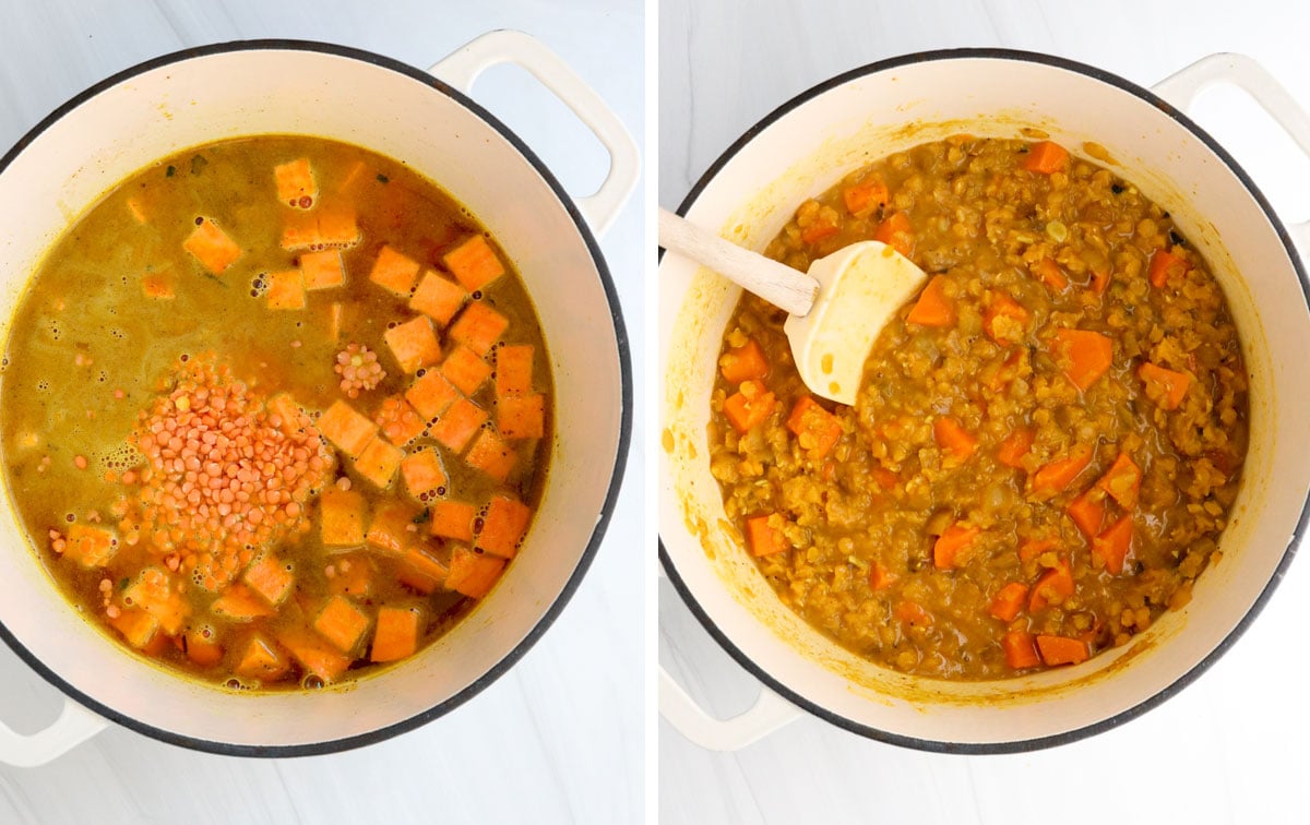 before and after of sweet potatoes and lentils in pot