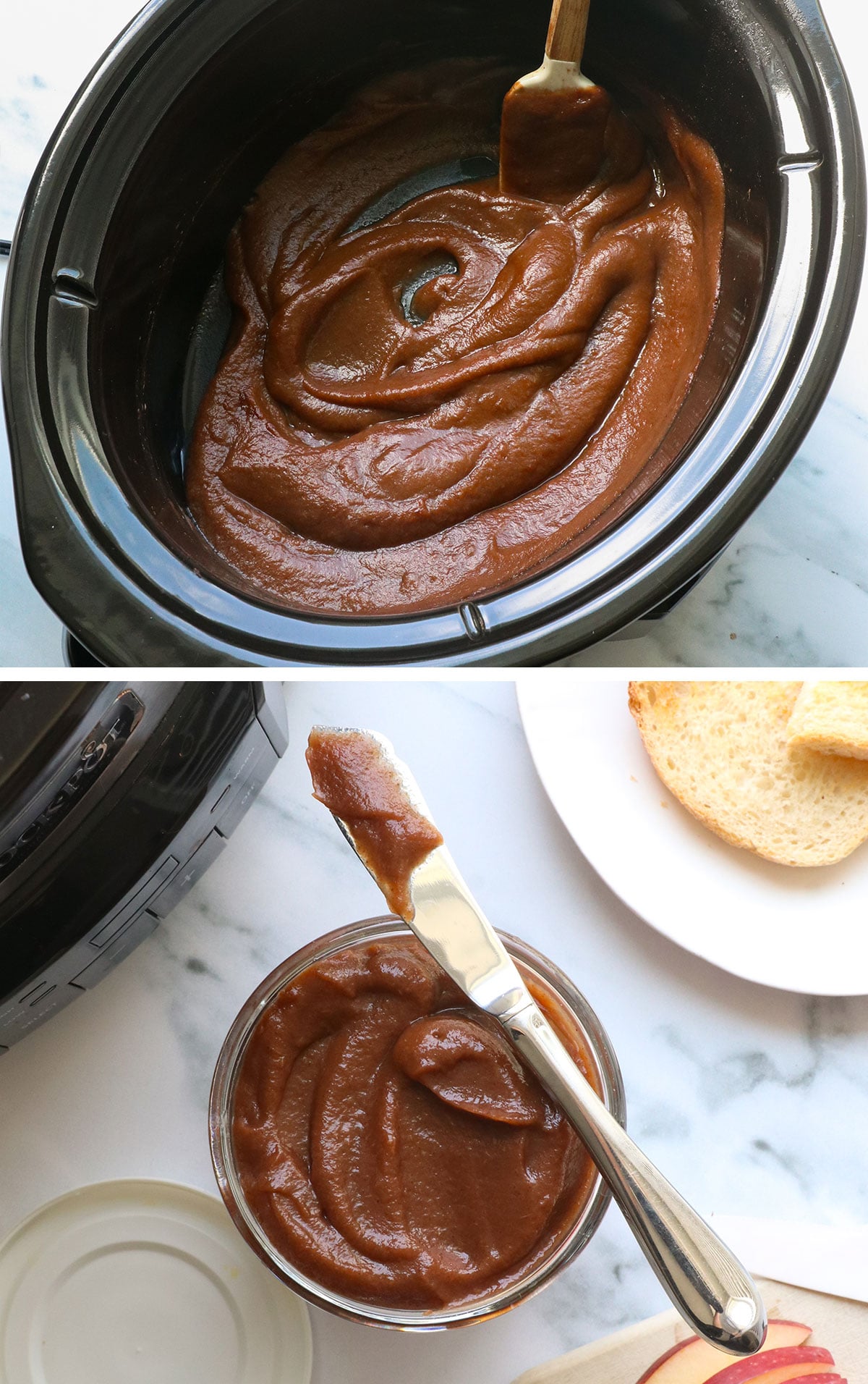 apple butter returned to the slow cooker and transferred to a jar.