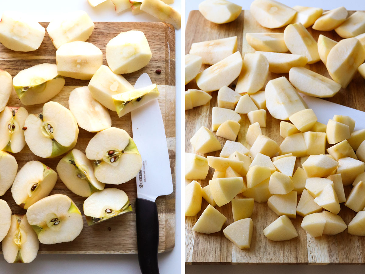 seeds remove from apples and cut into chunks on cutting board.