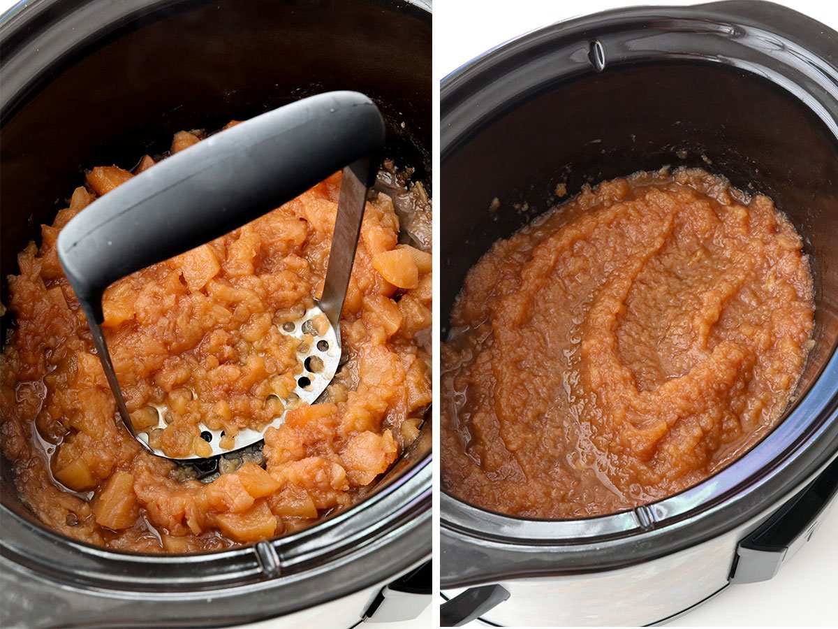 applesauce mashed with a potato masher in a slow cooker.
