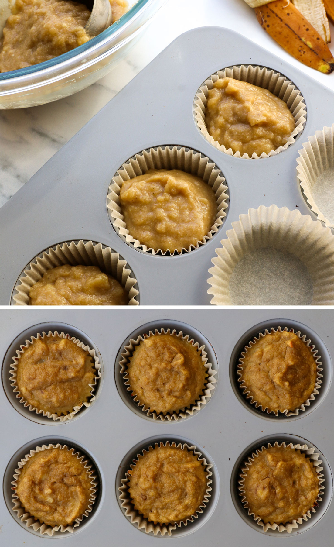baby banana muffins before and after baking in a pan.