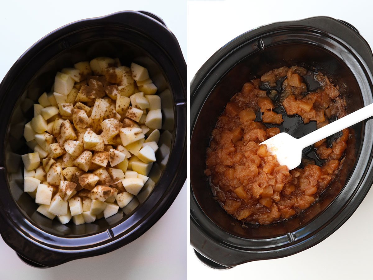apples added to a slow cooker and cooked until very tender.