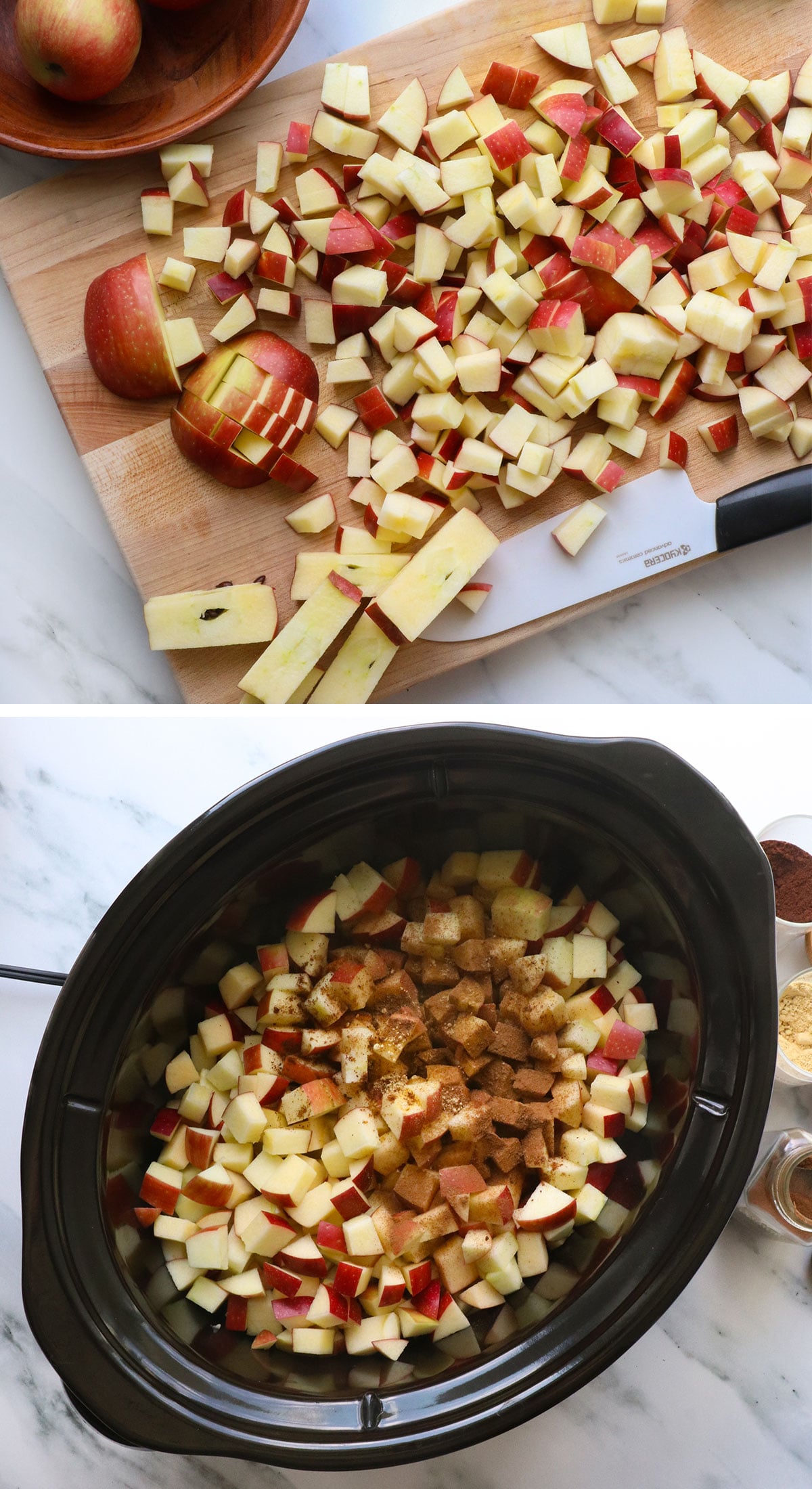 apples cut into small pieces and added to a slow cooker with spices.