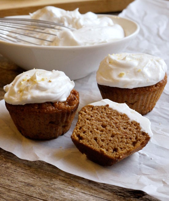 applesauce cupcakes frosted with coconut whipped cream