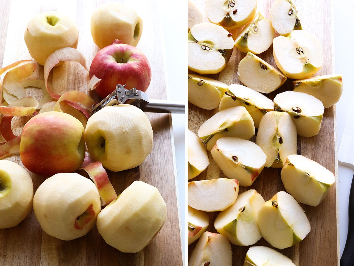 apples peeled on a cutting board and cut into quarters.