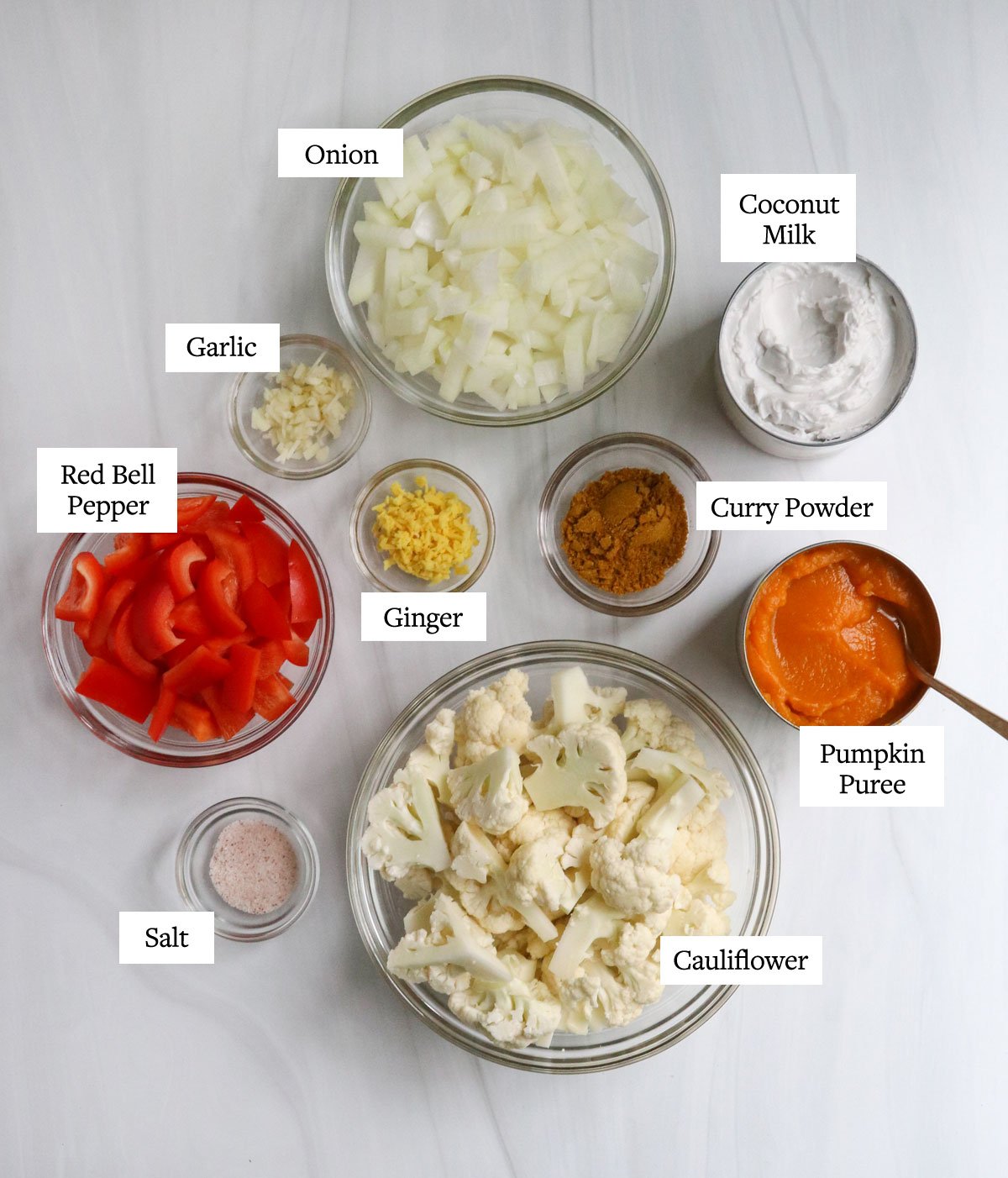 pumpkin curry ingredients labeled in glass bowls