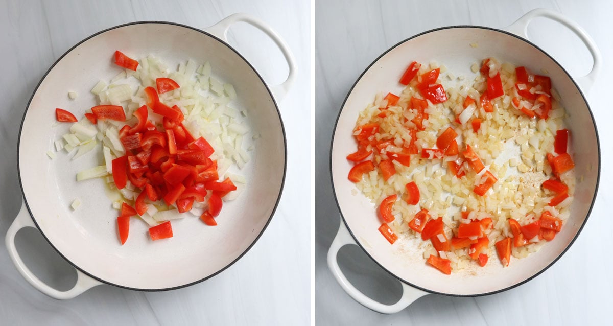 sauteed peppers and onion in white skillet