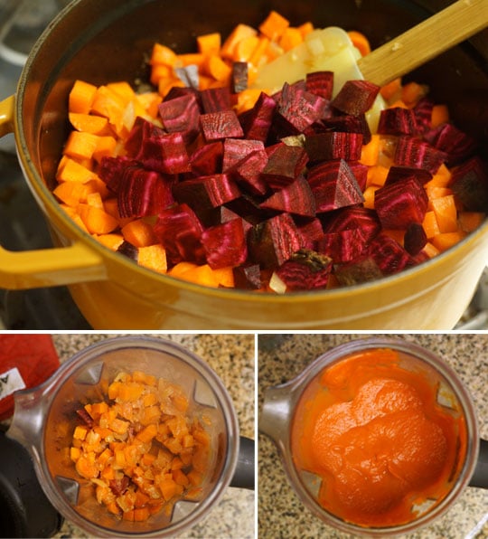 preparing marinara sauce in a pot and in a blender