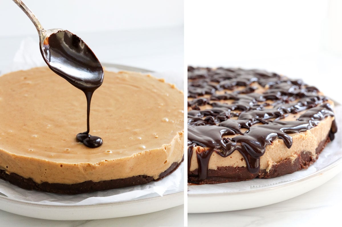chocolate topping drizzled over peanut butter pie