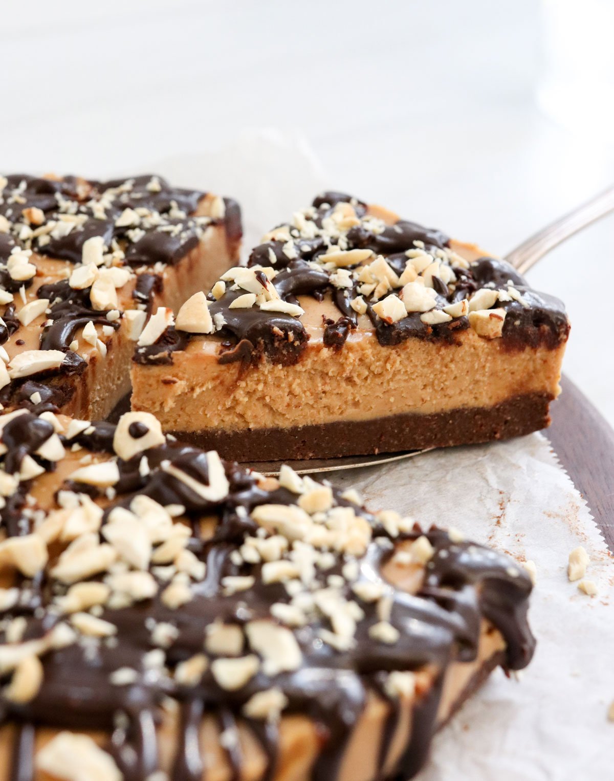 vegan peanut butter pie slice lifted from pie