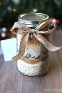 Cookie dry good ingredients in a mason jar with bow