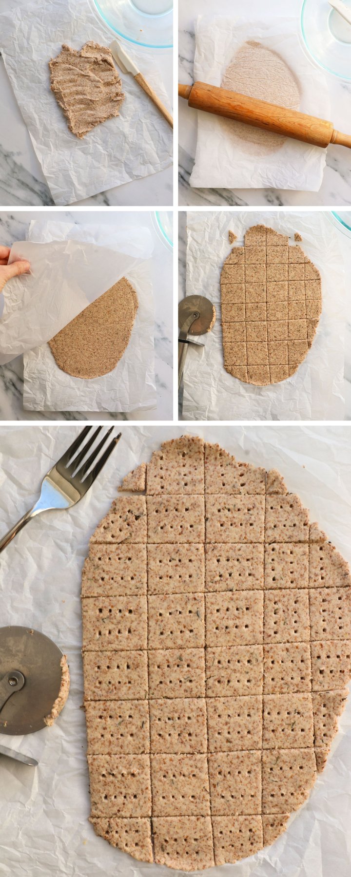 almond pulp cracker mixture rolled between parchment and scored into pieces.