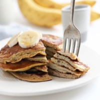 banana egg pancakes stack with fork