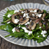 Close up of warm mushroom and spinach salad topped with cheese