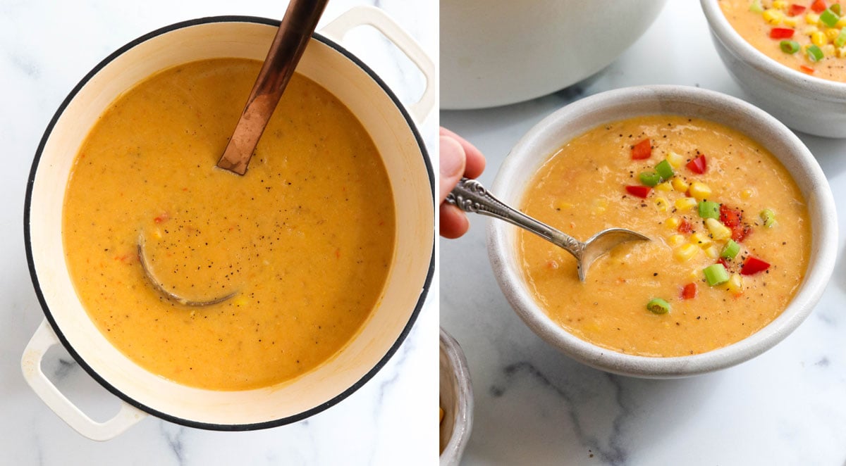 blended soup in pot and served in bowl