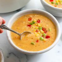 vegan corn chowder in bowl with spoon