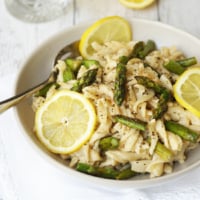 lemon asparagus pasta in bowl with fork