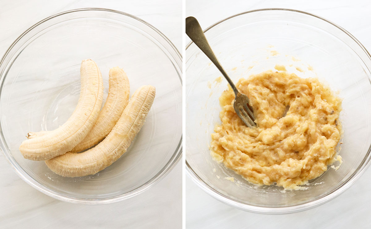 bananas mashed in a large glass bowl.