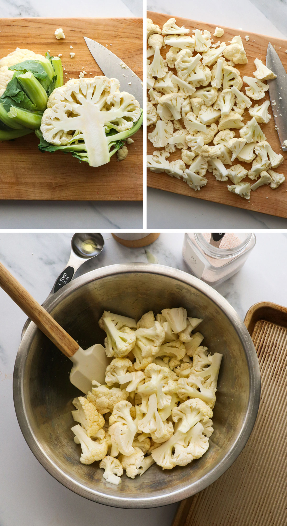 cauliflower florets on a cutting board mixed in a bowl with olive oil.