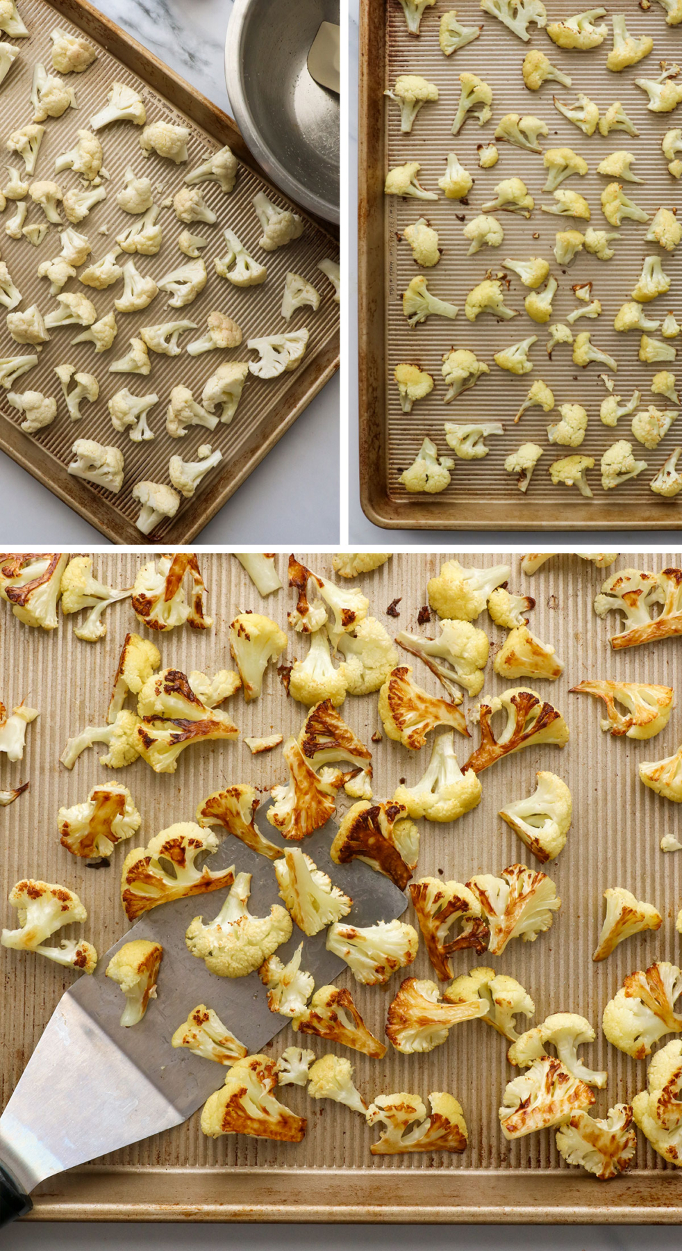 cauliflower florets before and after baking on a sheet pan.
