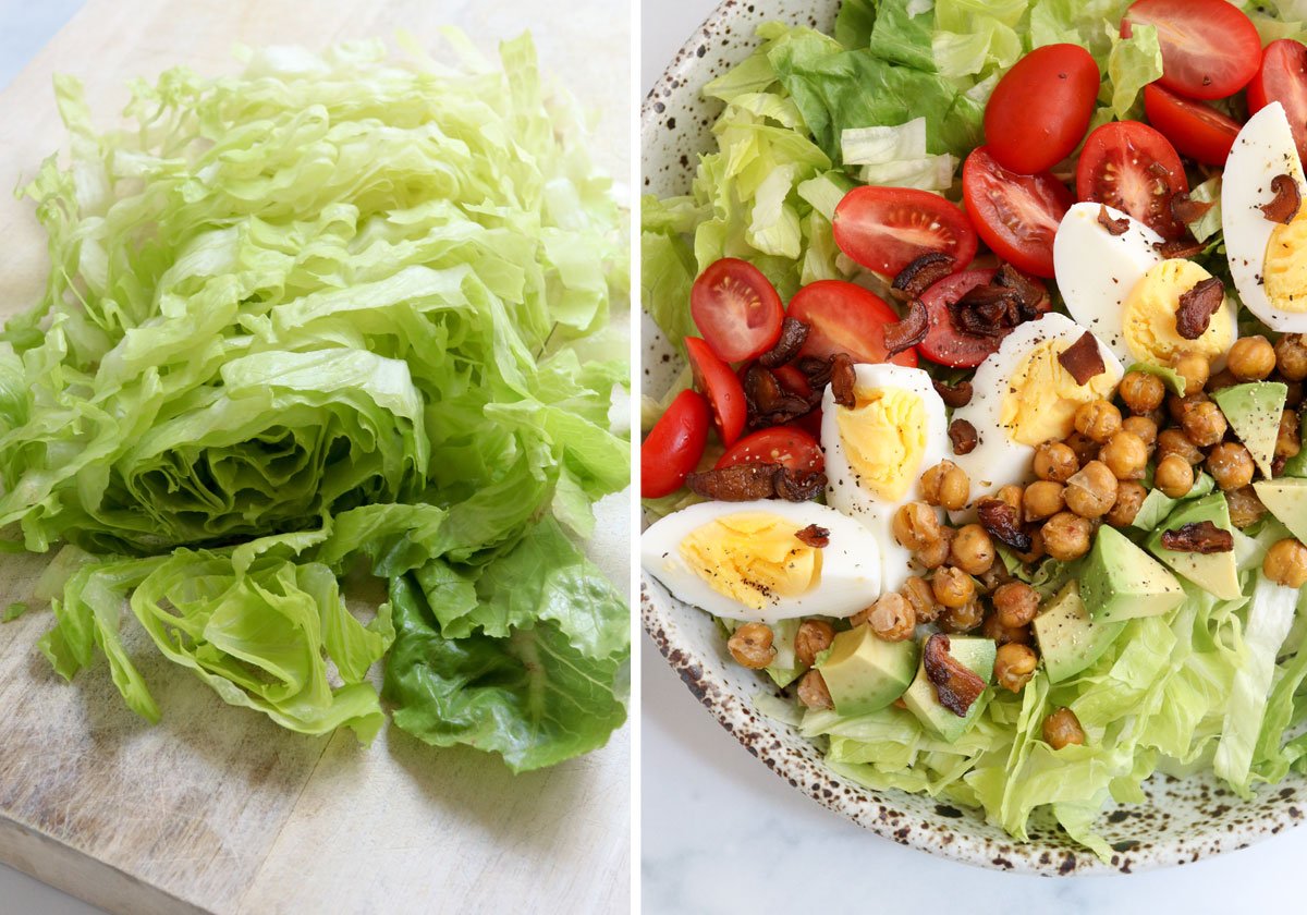 chopped romaine and components added to bowl