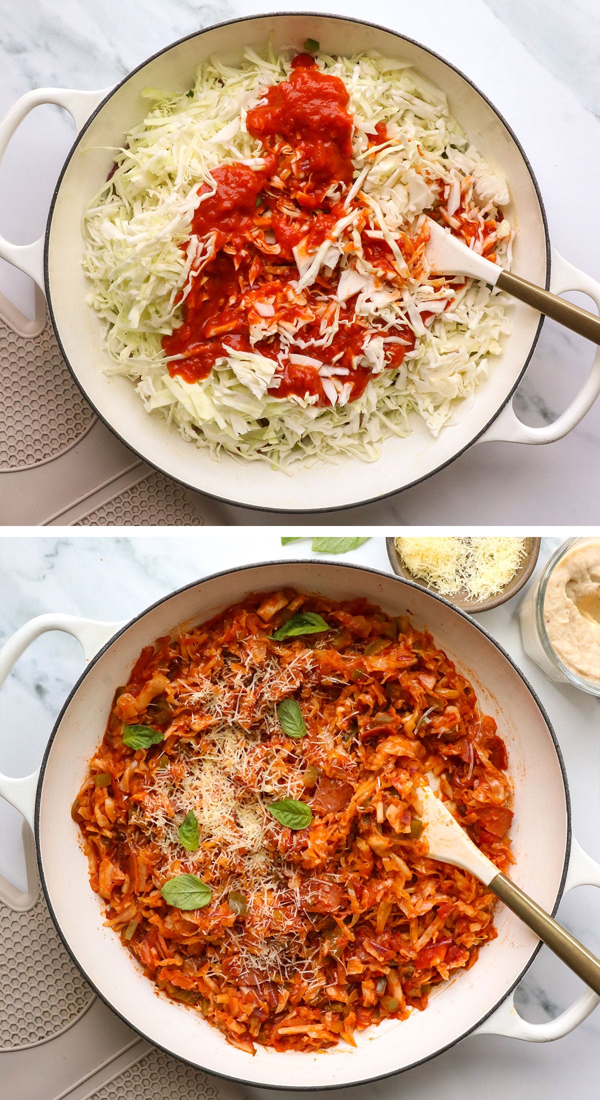 cabbage cooked with marinara sauce until tender and topped with parmesan and basil.