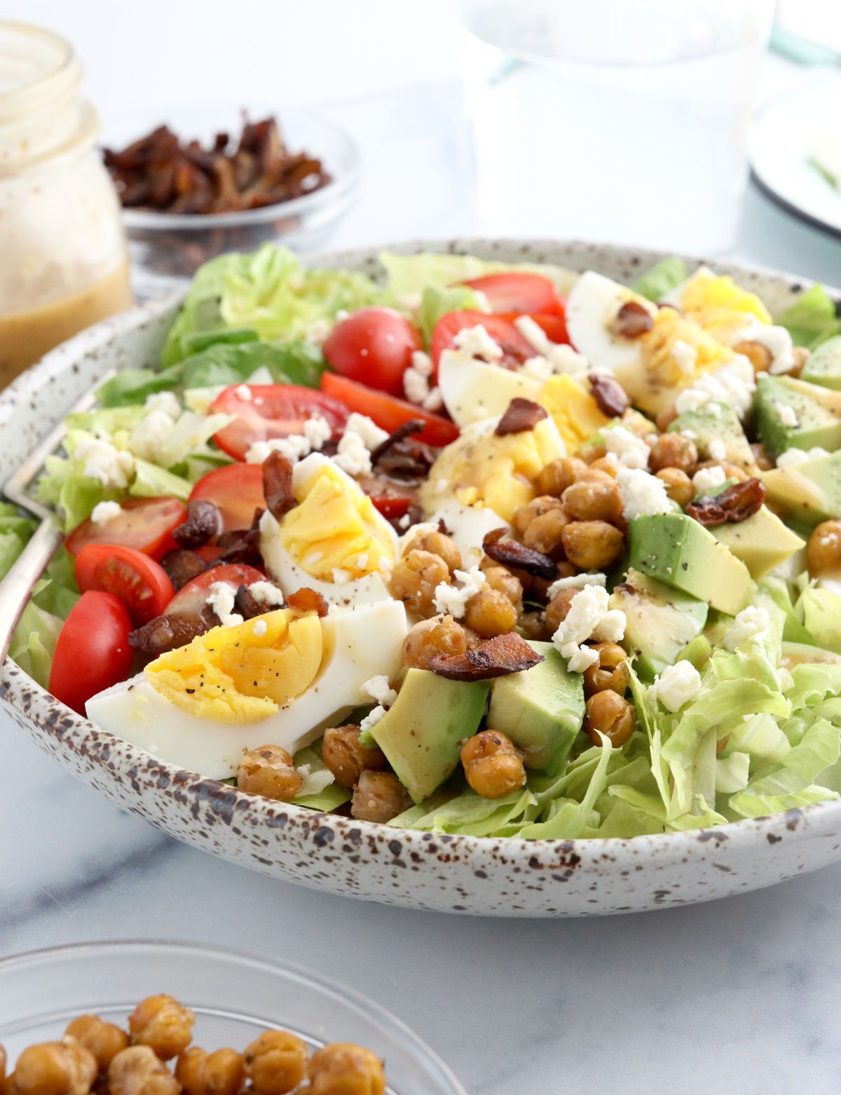 vegetarian cobb salad at an angle in bowl