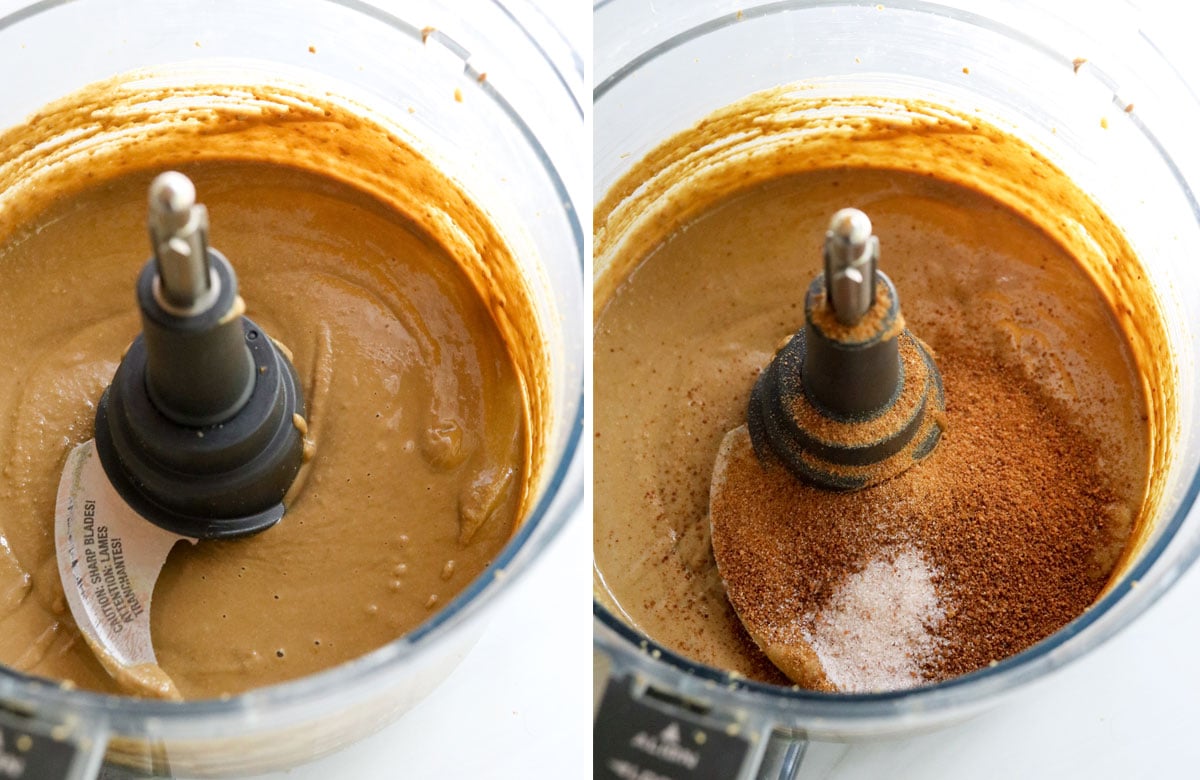 sunflower butter with drippy consistency and seasonings added to food processor.