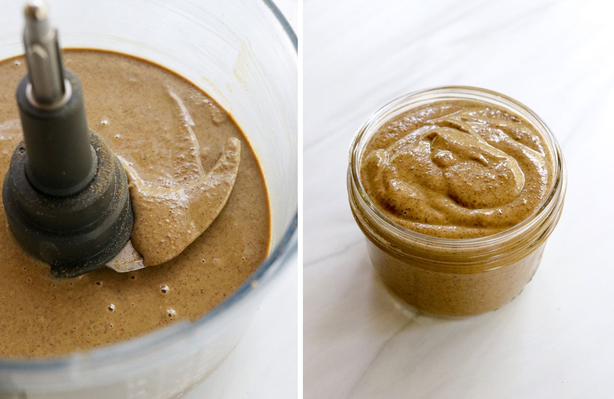 finished sunflower seed butter added to a glass jar.